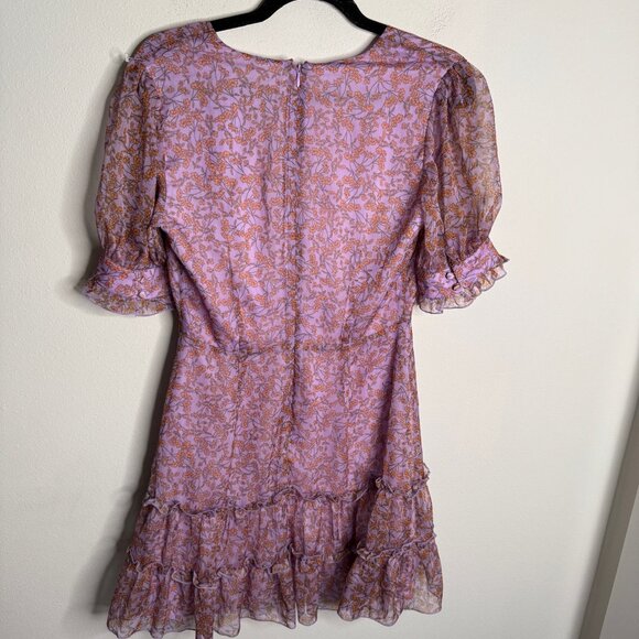 The East Order Women's Small Floral Mini Dress Purple Orange VNeck Ruffle Sleeve - Picture 2 of 3